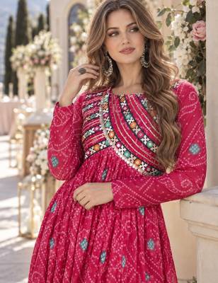 Pink faux georgette bandhani readymade top with patch work 2