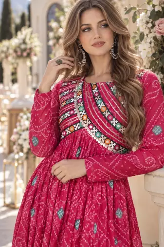 Pink faux georgette bandhani readymade top with patch work