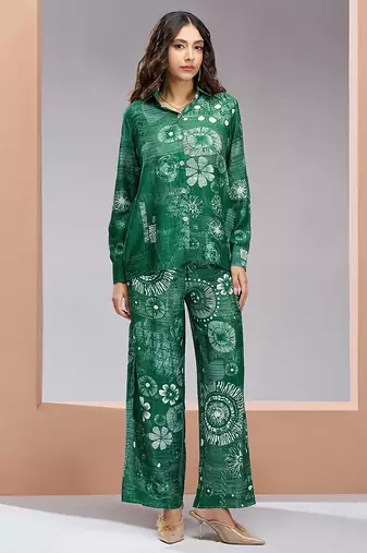 Elegant green printed muslin co-ord set