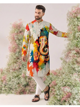 Ganesha Carnival Special Cotton Digital Printed Crochet Sequin Work Men's Kurta 1