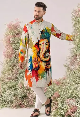 Ganesha Carnival Special Cotton Digital Printed Crochet Sequin Work Men's Kurta