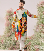 Ganesha Carnival Special Cotton Digital Printed Crochet Sequin Work Men's Kurta