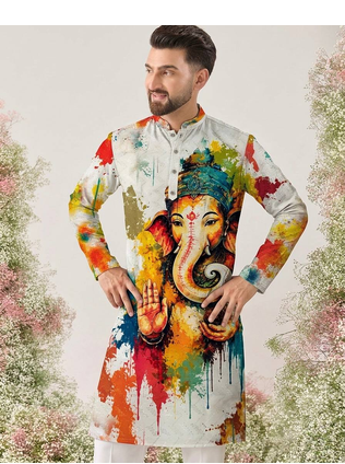 Ganesha Carnival Special Cotton Digital Printed Crochet Sequin Work Men's Kurta 2