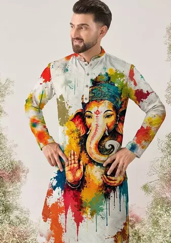 Ganesha Carnival Special Cotton Digital Printed Crochet Sequin Work Men's Kurta