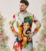 Ganesha Carnival Special Cotton Digital Printed Crochet Sequin Work Men's Kurta