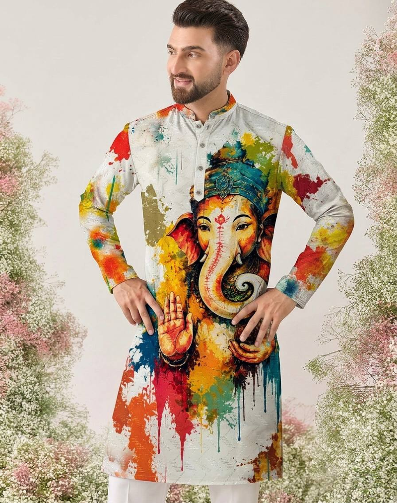 Ganesha Carnival Special Cotton Digital Printed Crochet Sequin Work Men's Kurta