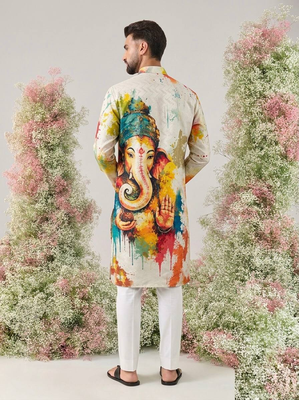 Ganesha Carnival Special Cotton Digital Printed Crochet Sequin Work Men's Kurta 3