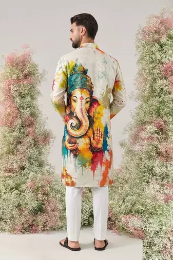 Ganesha Carnival Special Cotton Digital Printed Crochet Sequin Work Men's Kurta
