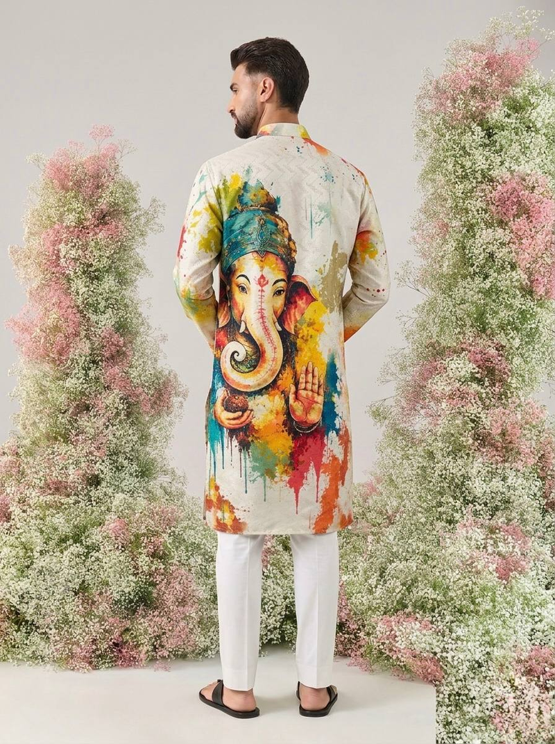 Ganesha Carnival Special Cotton Digital Printed Crochet Sequin Work Men's Kurta