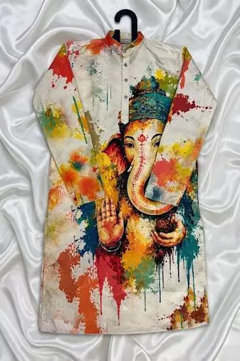 Ganesha Carnival Special Cotton Digital Printed Crochet Sequin Work Men's Kurta