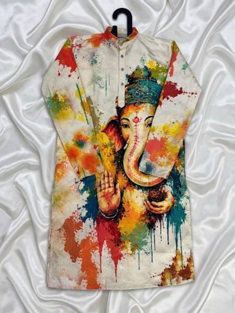 Ganesha Carnival Special Cotton Digital Printed Crochet Sequin Work Men's Kurta