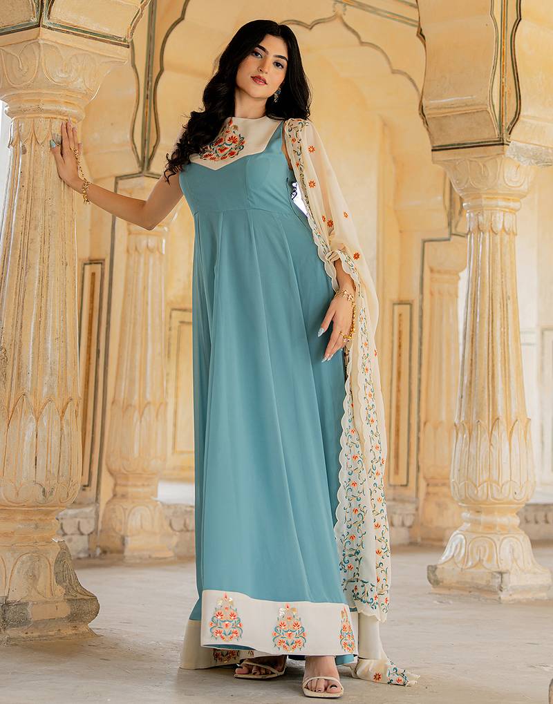 Aqua blue georgette embroidered gown with cream dupatta for festive elegance