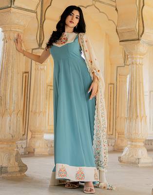 Aqua blue georgette embroidered gown with cream dupatta for festive elegance 5