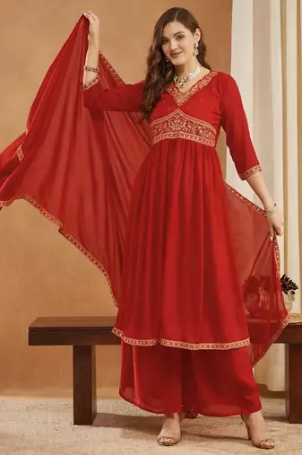 Red women’s shimmer silk embroidered alia cut kurti palazzo set with dupatta