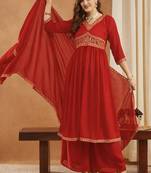 Red women   s shimmer silk embroidered alia cut kurti palazzo set with dupatta