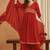 Red women   s shimmer silk embroidered alia cut kurti palazzo set with dupatta