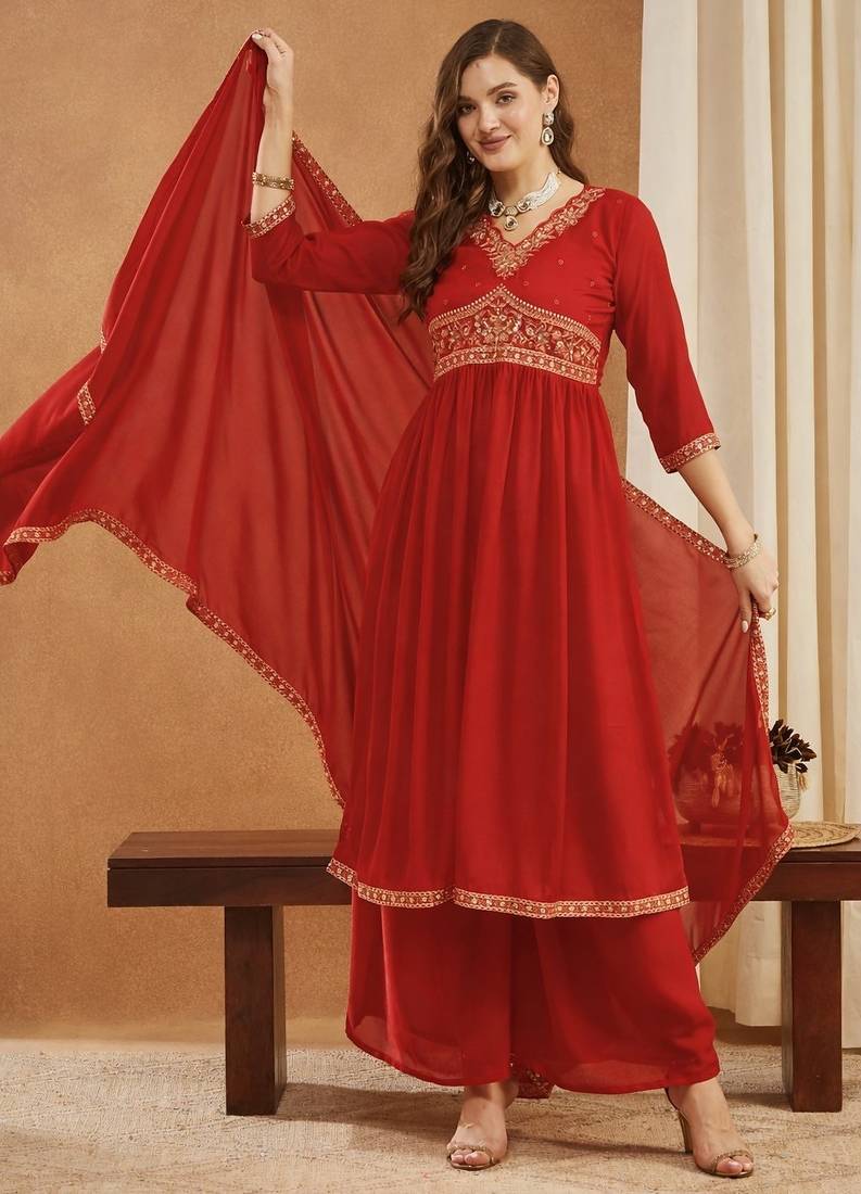 Red women   s shimmer silk embroidered alia cut kurti palazzo set with dupatta