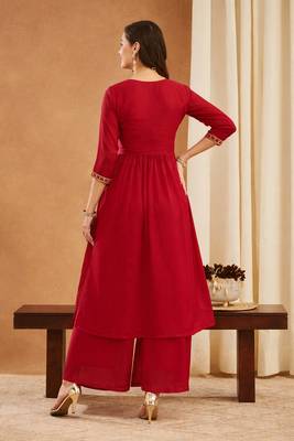 Red women   s shimmer silk embroidered alia cut kurti palazzo set with dupatta 2