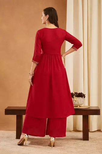 Red women’s shimmer silk embroidered alia cut kurti palazzo set with dupatta