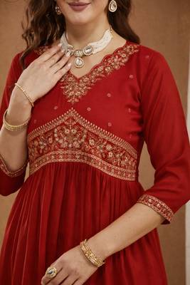 Red women   s shimmer silk embroidered alia cut kurti palazzo set with dupatta 3