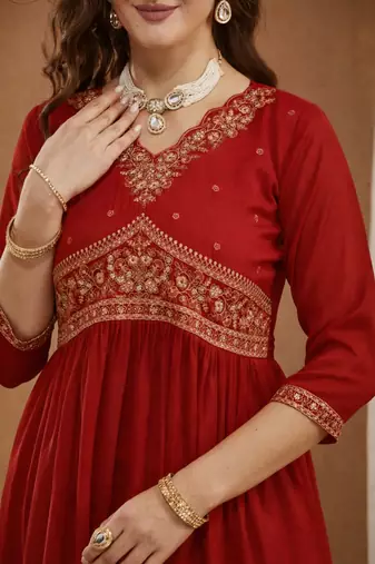 Red women’s shimmer silk embroidered alia cut kurti palazzo set with dupatta