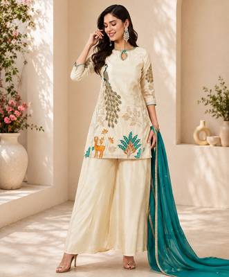women   s festive wear shimmer silk kurti palazzo set with dupatta 1