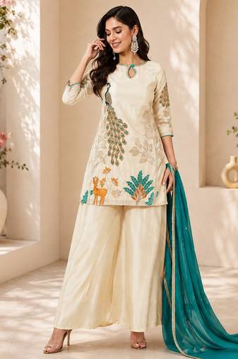women   s festive wear shimmer silk kurti palazzo set with dupatta