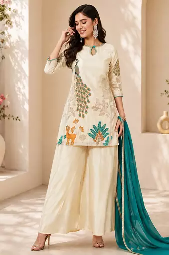 women’s festive wear shimmer silk kurti palazzo set with dupatta
