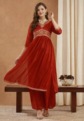 Red women   s shimmer silk embroidered alia cut kurti palazzo set with dupatta 4