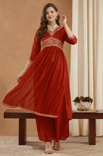 Red women’s shimmer silk embroidered alia cut kurti palazzo set with dupatta