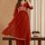 Red women   s shimmer silk embroidered alia cut kurti palazzo set with dupatta