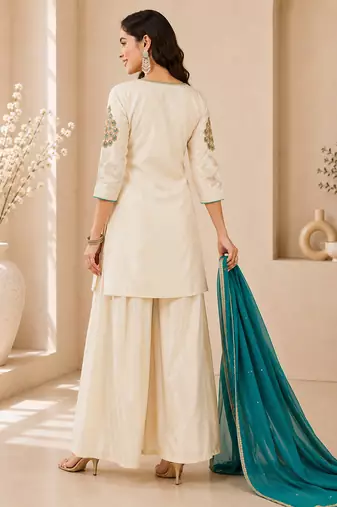 women’s festive wear shimmer silk kurti palazzo set with dupatta