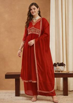 Red women   s shimmer silk embroidered alia cut kurti palazzo set with dupatta 5