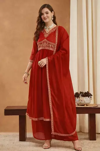 Red women’s shimmer silk embroidered alia cut kurti palazzo set with dupatta
