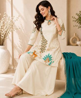 women   s festive wear shimmer silk kurti palazzo set with dupatta 4