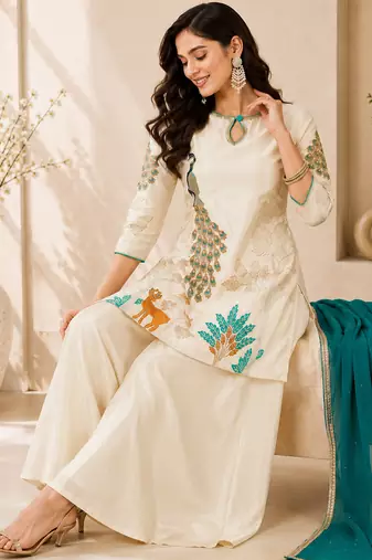 women’s festive wear shimmer silk kurti palazzo set with dupatta