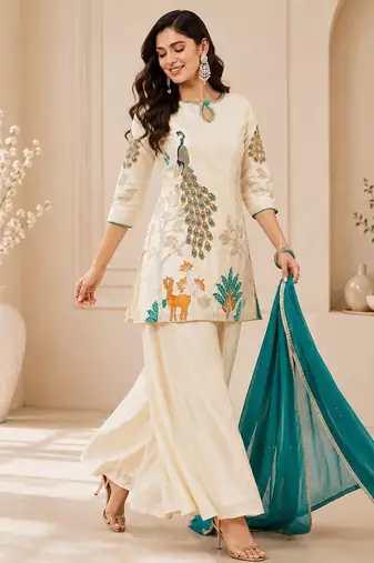 women’s festive wear shimmer silk kurti palazzo set with dupatta