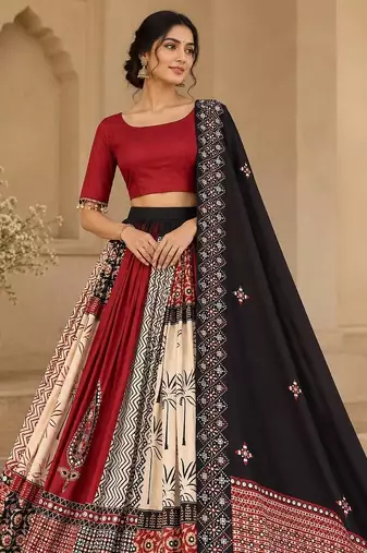 Red Black Mirror Navratri Lehenga Choli With Dupatta