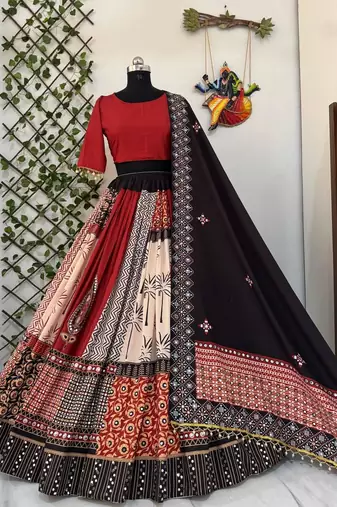 Red Black Mirror Navratri Lehenga Choli With Dupatta