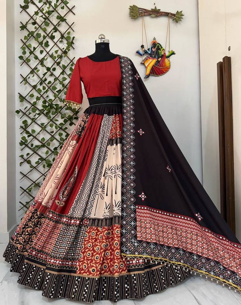 Red Black Mirror Navratri Lehenga Choli With Dupatta