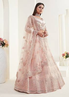 Peach Embroidered Net Stone Work Lehenga Choli - Free size 1