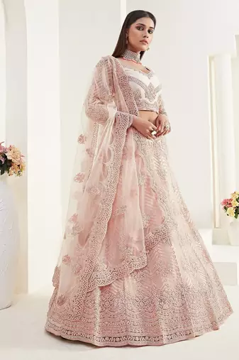 Peach Embroidered Net Stone Work Lehenga Choli - Free size