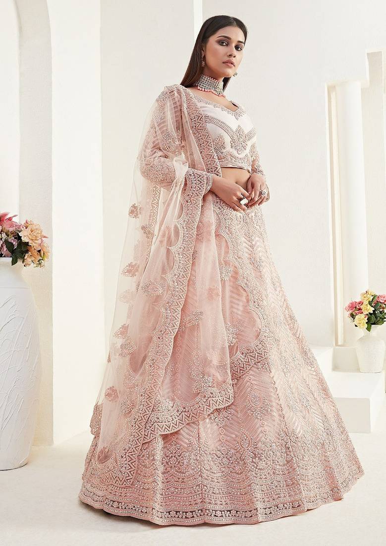 Peach Embroidered Net Stone Work Lehenga Choli - Free size
