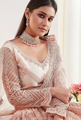Peach Embroidered Net Stone Work Lehenga Choli - Free size 2