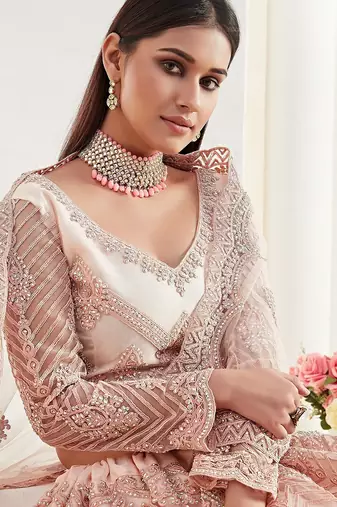 Peach Embroidered Net Stone Work Lehenga Choli - Free size
