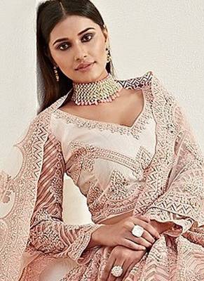Peach Embroidered Net Stone Work Lehenga Choli - Free size 3