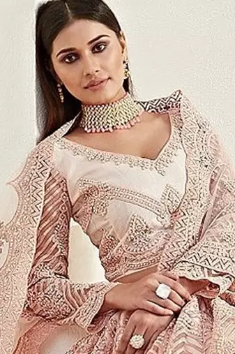 Peach Embroidered Net Stone Work Lehenga Choli - Free size
