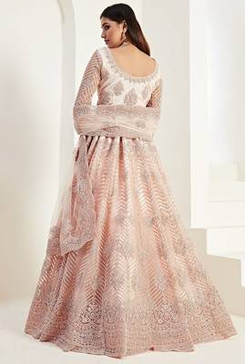 Peach Embroidered Net Stone Work Lehenga Choli - Free size 4