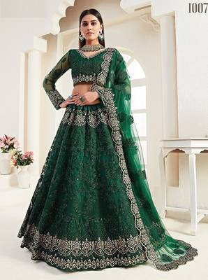 Green Embroidered Net Stone Work Lehenga Choli - Free size 1
