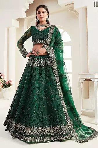 Green Embroidered Net Stone Work Lehenga Choli - Free size